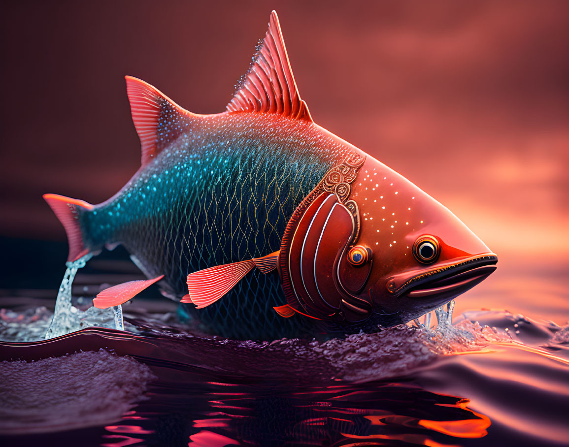 Colorful digital art: Fish with intricate patterns in water under red light