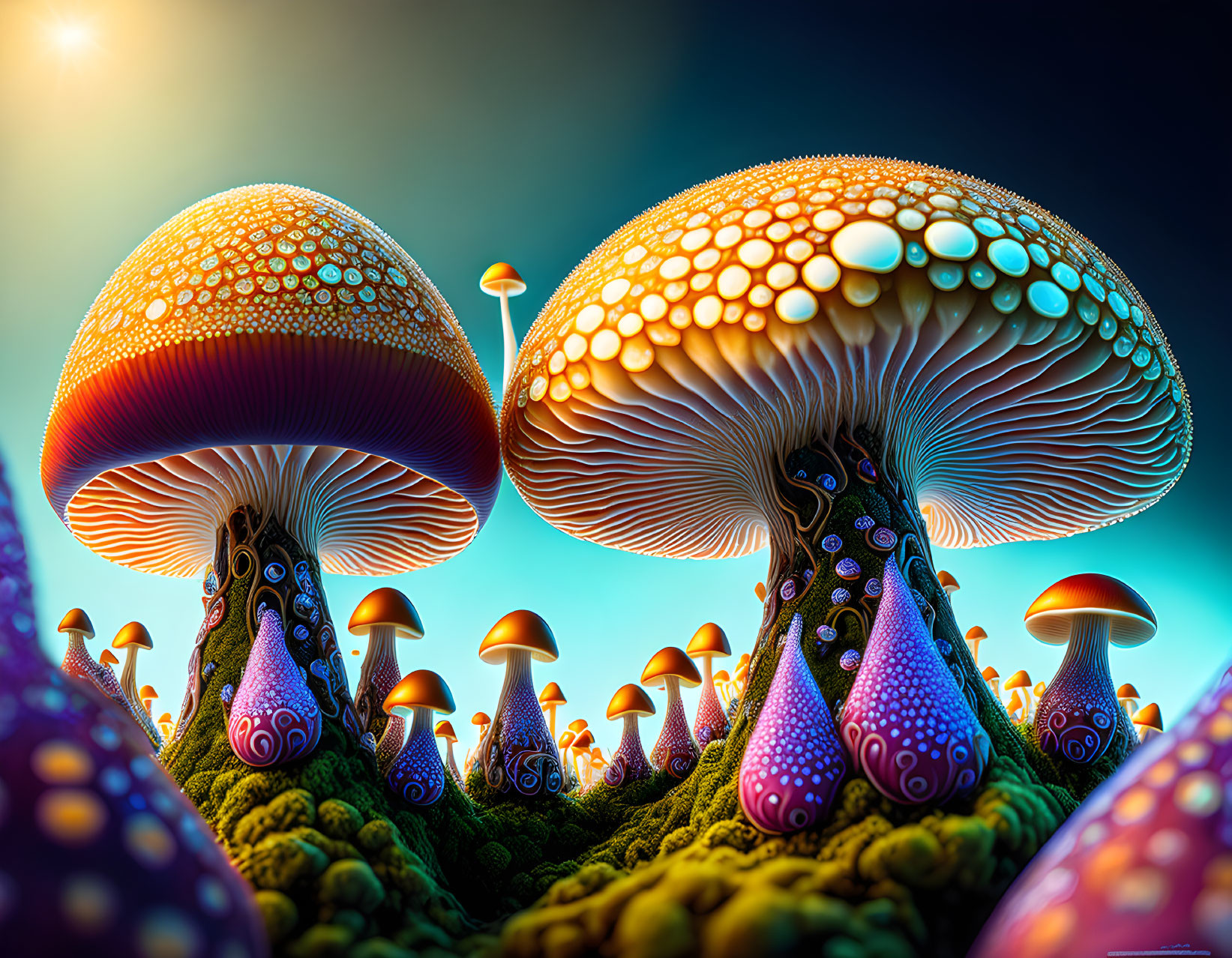 Colorful digital art: Stylized mushrooms in surreal landscape