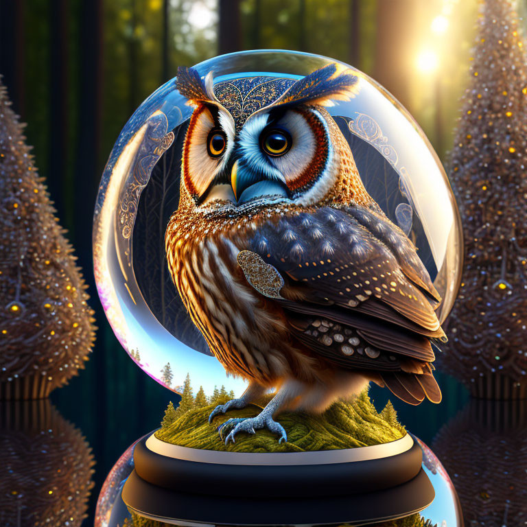 Stylized owl in transparent orb with pine trees in mystical forest