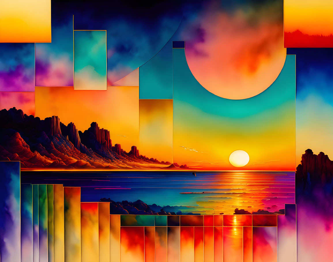 Colorful geometric shapes in surreal sunset ocean landscape