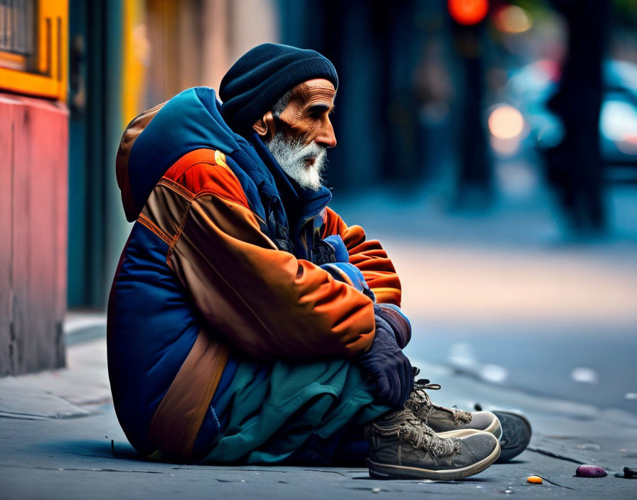 Elderly man with beard sitting on city sidewalk in multicolored jacket and hat.