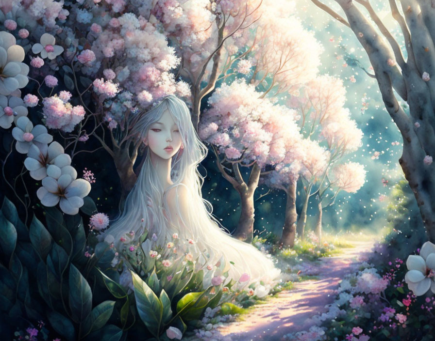 Ethereal woman with long hair in magical forest among pink trees