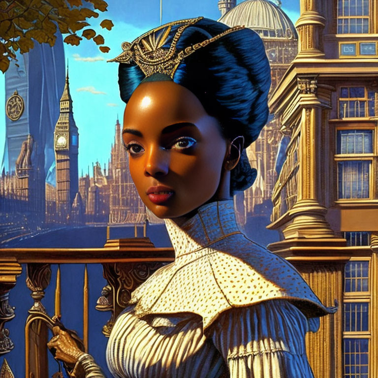 Digital portrait of woman with ornate headdress in futuristic Victorian city