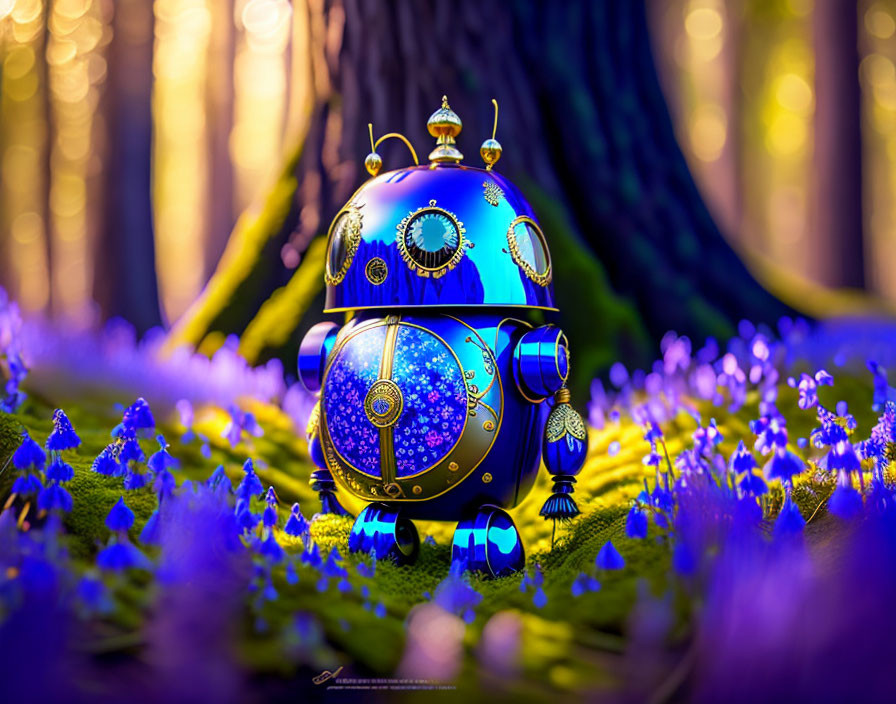 Blue and Gold Ornate Robot in Mystical Forest with Purple Flowers