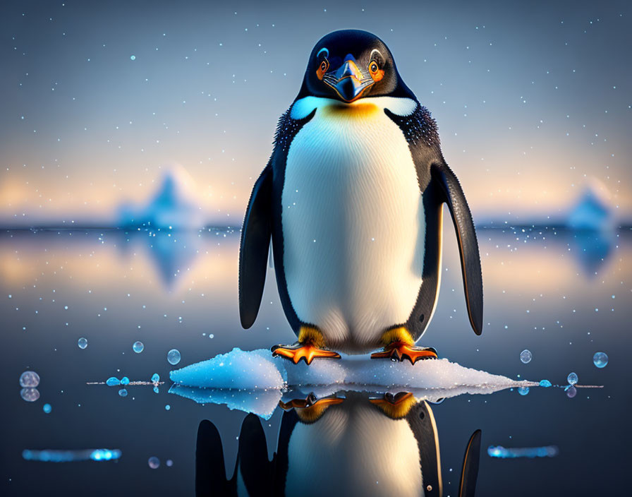 Penguin on Ice Floe with Icebergs in Twilight