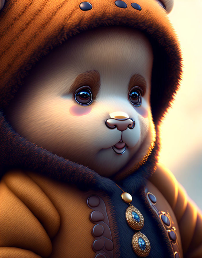 Detailed anthropomorphic panda character in cozy brown jacket and orange hood with expressive eyes and fur texture.