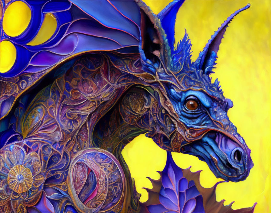 Colorful Dragon Illustration with Elaborate Details on Yellow Background