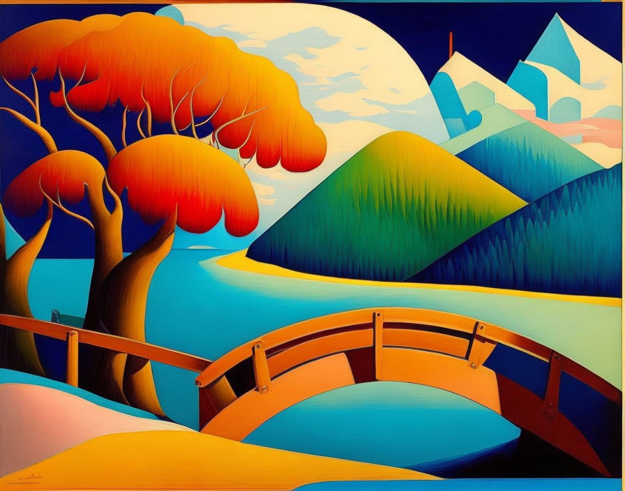 Vivid landscape painting: wooden bridge, orange trees, green hills, blue mountains