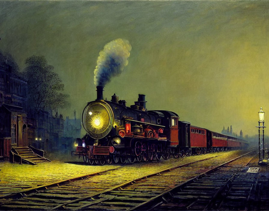 Vintage steam locomotive at night with illuminated headlamp and billowing smoke on tracks.