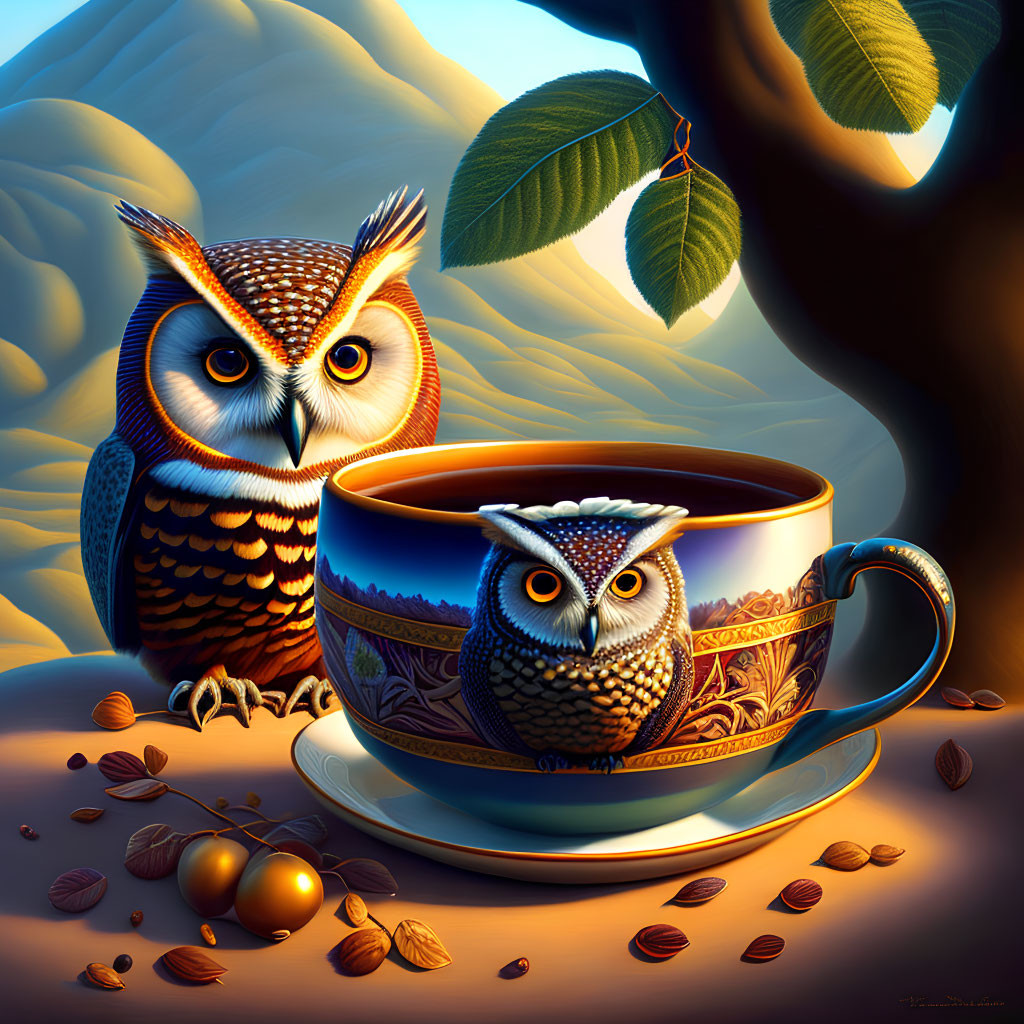 Two Owls Perched on Tree and Teacup with Coffee Beans and Almonds in Twilight Setting