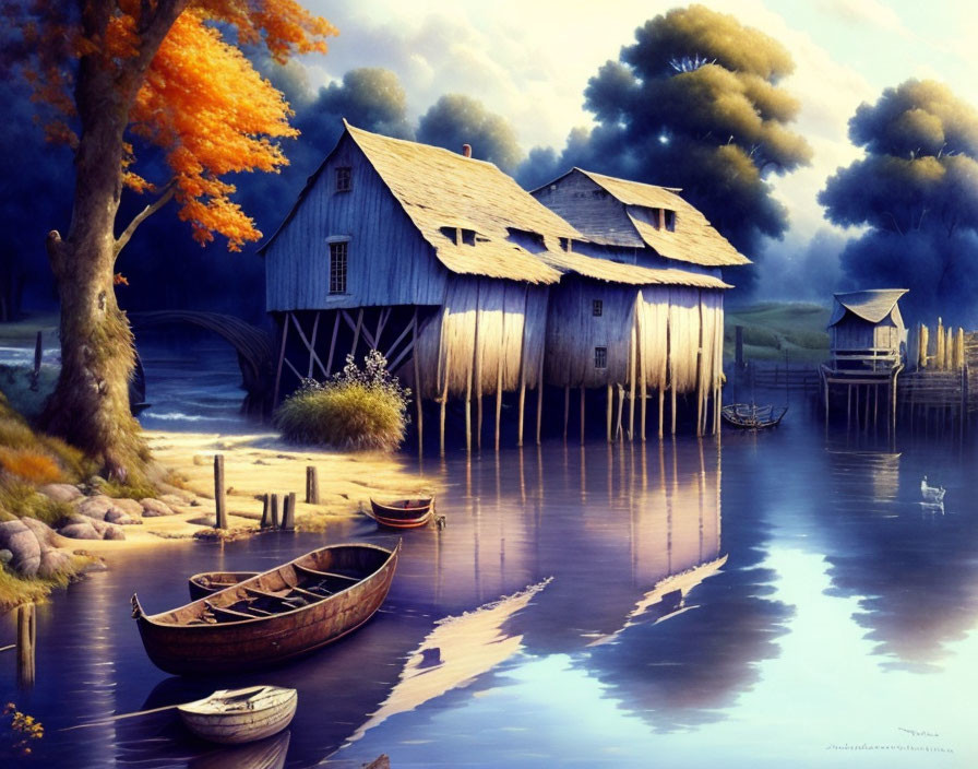 Rustic wooden mill on stilts by calm river at dusk