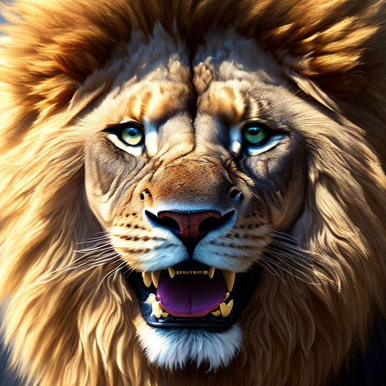 Digital artwork: Lion's face with blue eyes and sharp teeth