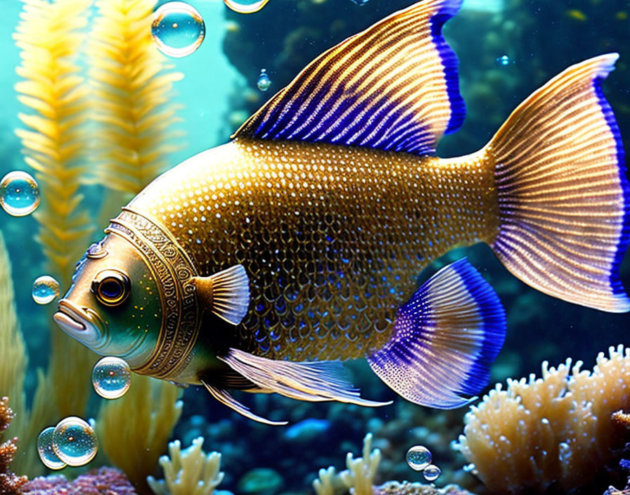 Vibrant underwater scene: Intricate golden fish among coral