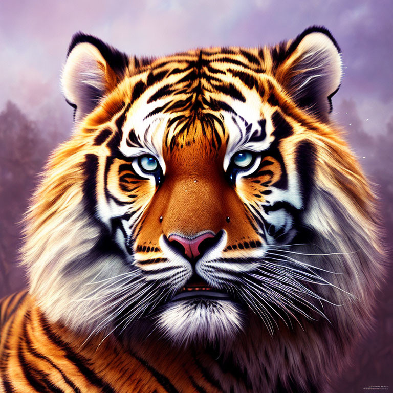 Detailed Tiger Face Illustration on Purple Misty Background