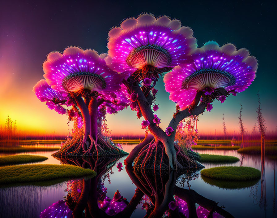 Vibrant purple mushroom trees in fantasy landscape at twilight