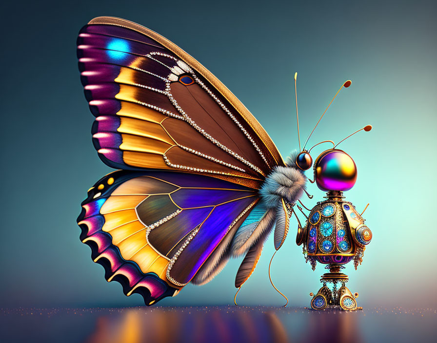 Colorful butterfly and steampunk robot touch antennae on blue background