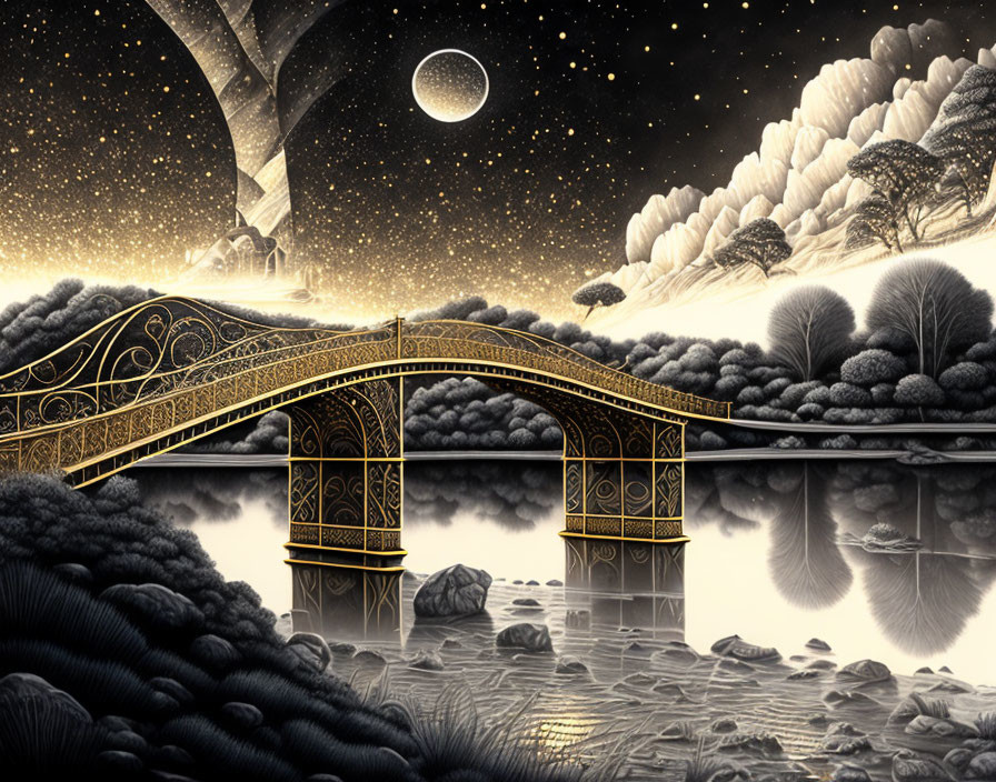 Golden ornate bridge over tranquil river in snowy landscape under starry sky