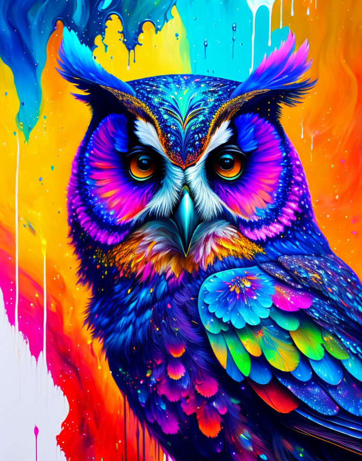 Colorful Owl Artwork with Psychedelic Patterns and Dripping Paint