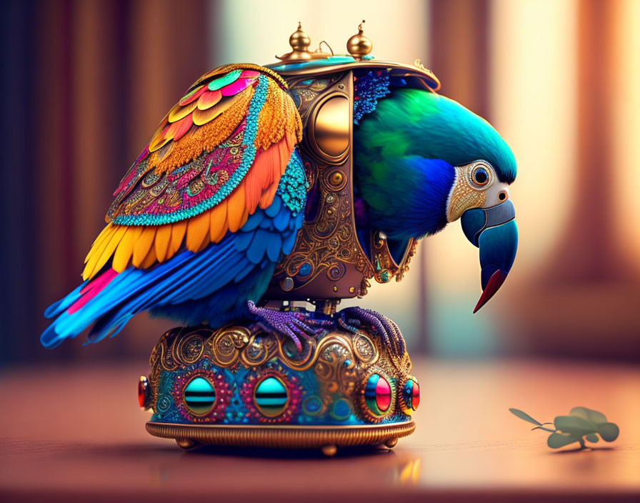 Colorful Mechanical Parrot and Green Beetle on Warm Background