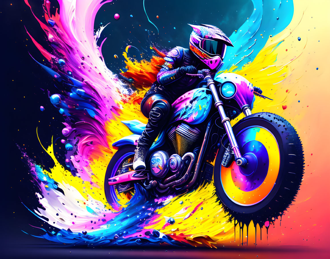 Colorful digital artwork: Motorcyclist in motion with neon streaks