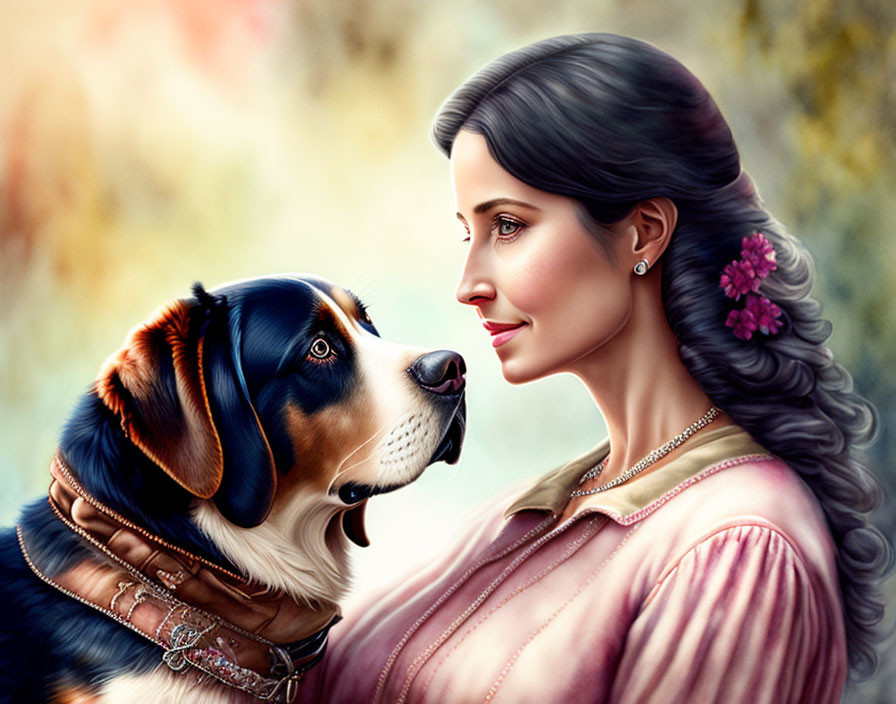 Dark-haired woman with flowers gazing at Bernese Mountain Dog in nature.