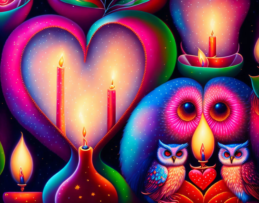 Colorful Owl Illustration with Hearts, Candles, and Heart-Shaped Tree