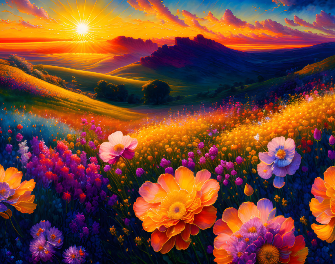 Colorful Sunset Flower Field Painting with Rolling Hills