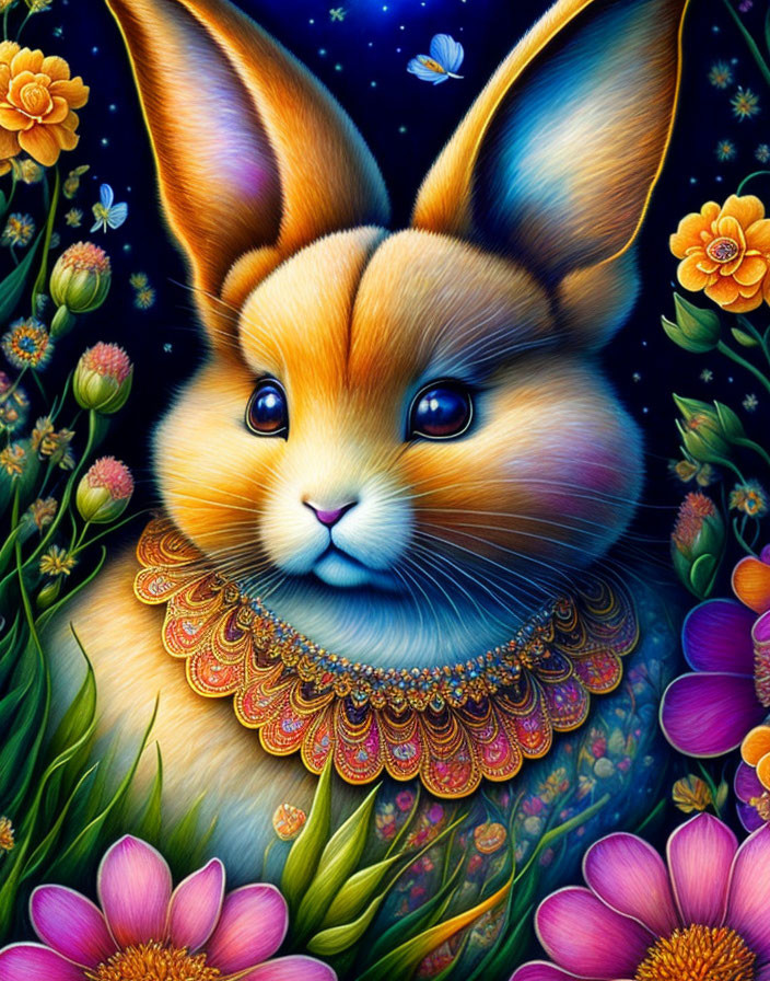 Colorful Rabbit Illustration with Flowers and Butterflies on Starry Background