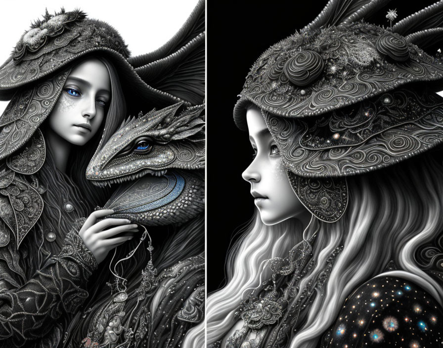 Detailed Monochrome Fantasy Illustration of Girl and Dragon