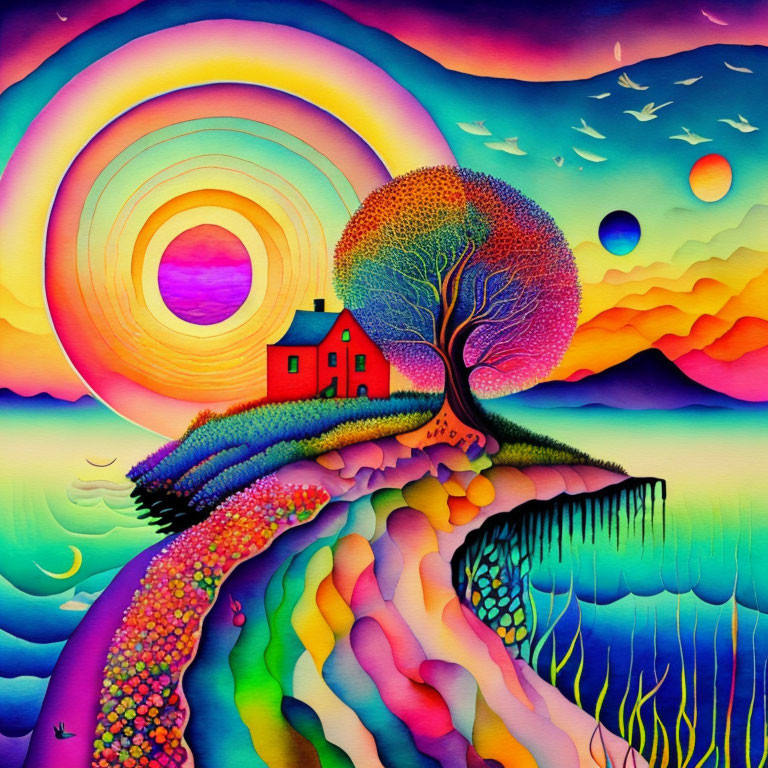 Colorful surreal landscape with tree, house, sun, and hills in psychedelic style