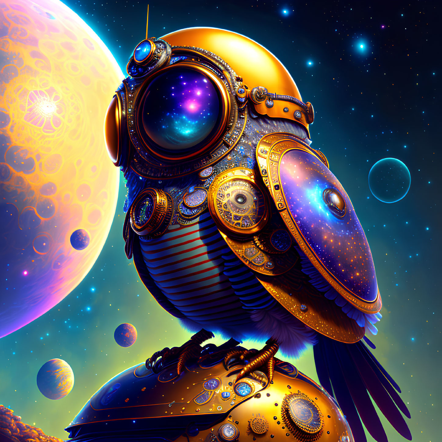 Colorful Owl in Spacesuit Artwork with Cosmic Background