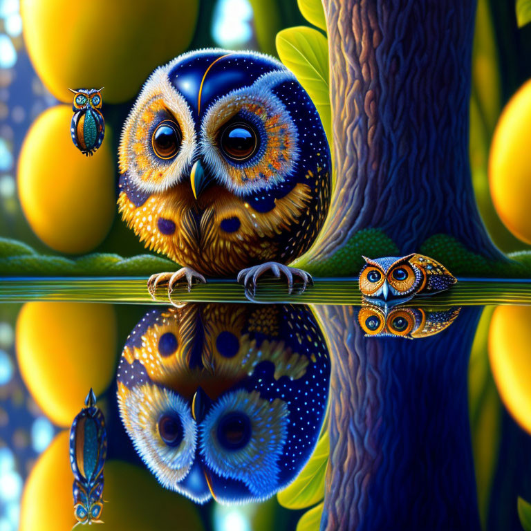 Colorful Owl Illustration Perched on Wire with Reflections