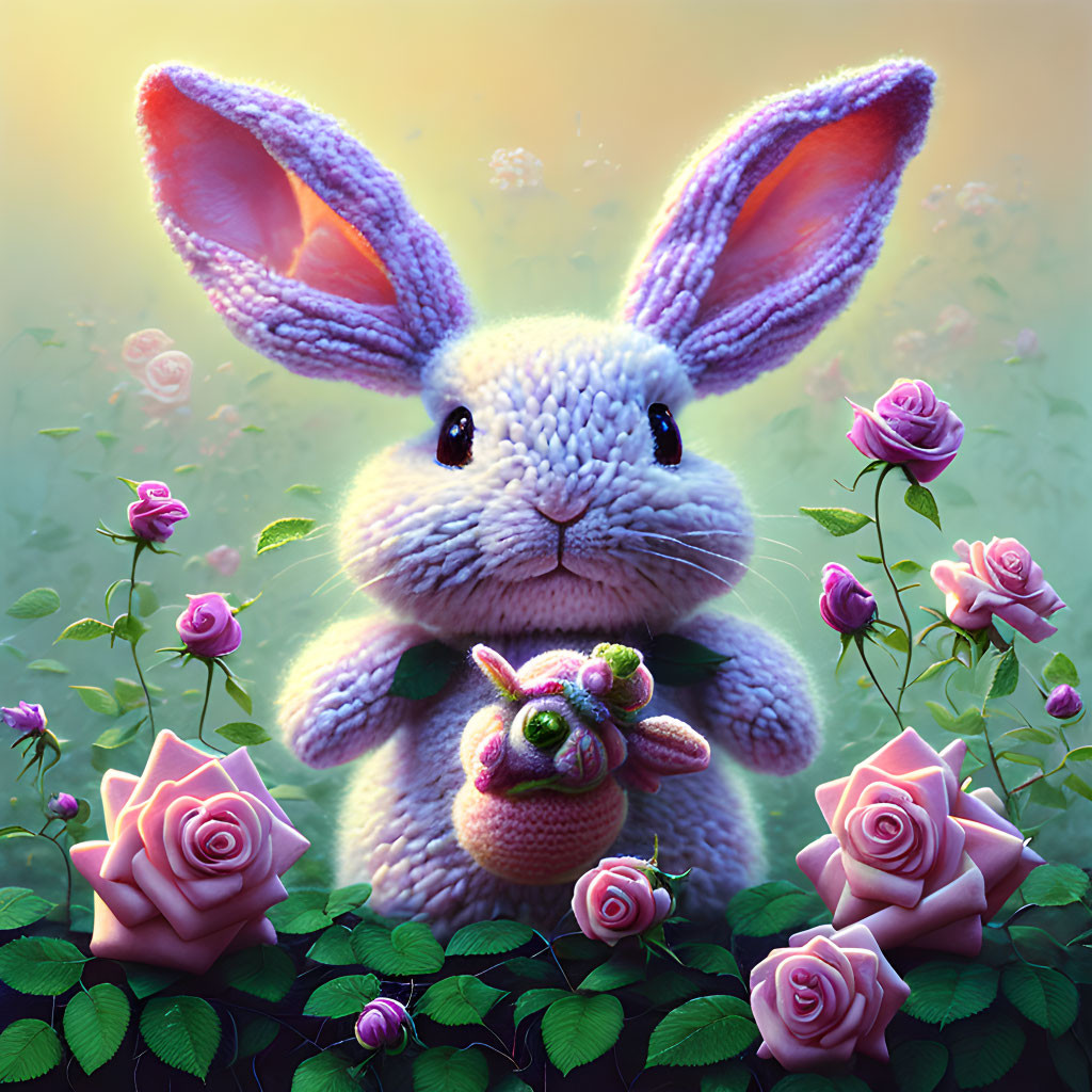 Illustration of plush bunny in dreamy rose garden