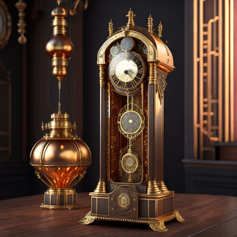 Intricate gold detailed antique clock on dark wooden background