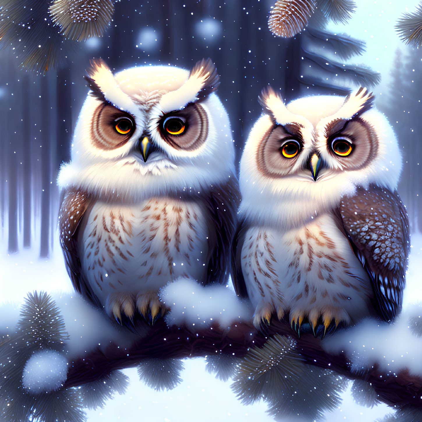 Illustrated snowy forest scene with two owls on branch