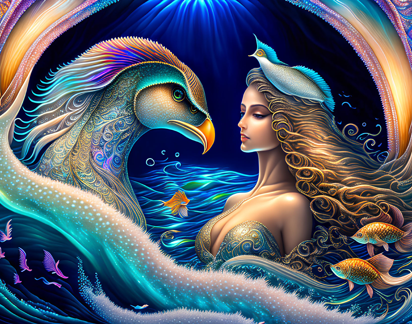 Illustration of woman with peacock in cosmic background.