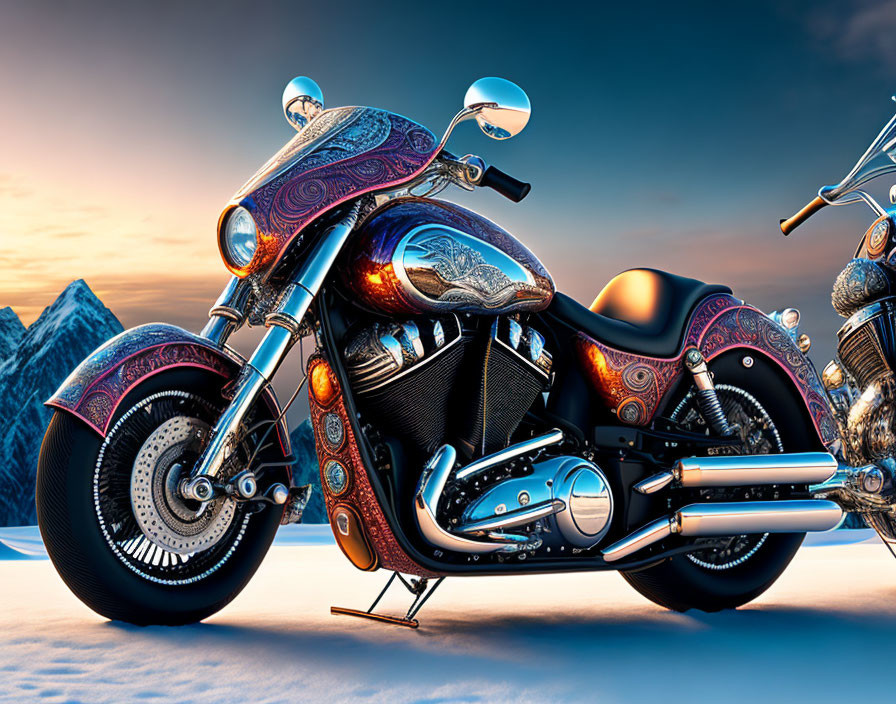 Custom Motorcycle with Paisley Patterns on Snow-Covered Road at Dusk