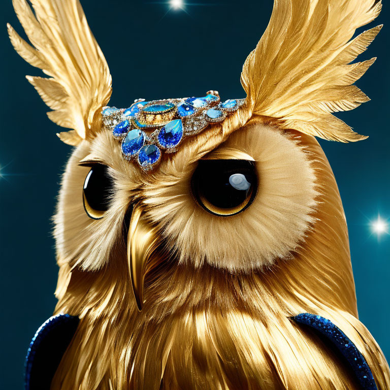 Golden owl with jeweled tiara on dark blue background