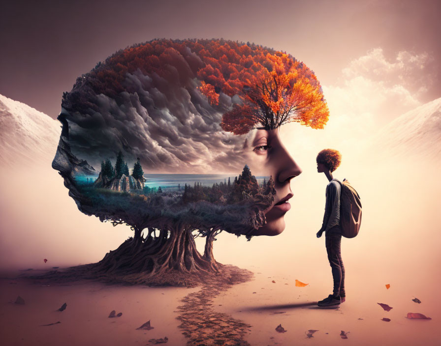 Surreal landscape blending into a face profile with autumn trees and person with backpack in dreamy setting