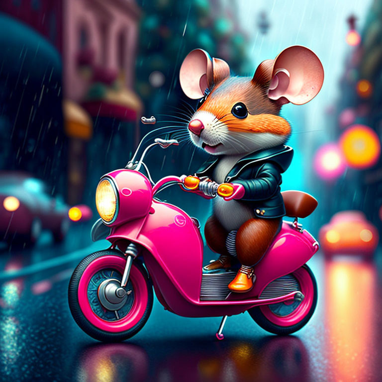 Anthropomorphic mouse in leather jacket and boots on pink scooter in rainy city.