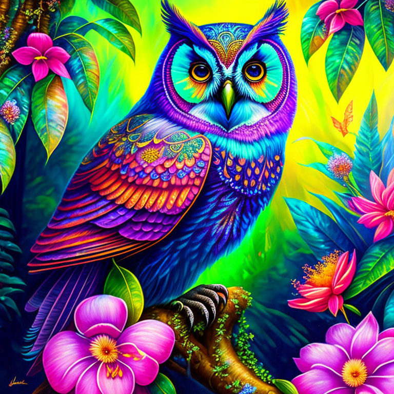 Colorful Owl Perched on Branch in Vibrant Tropical Setting