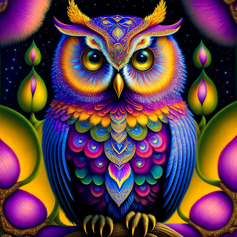 Colorful Psychedelic Owl Illustration with Vibrant Patterns and Feathers