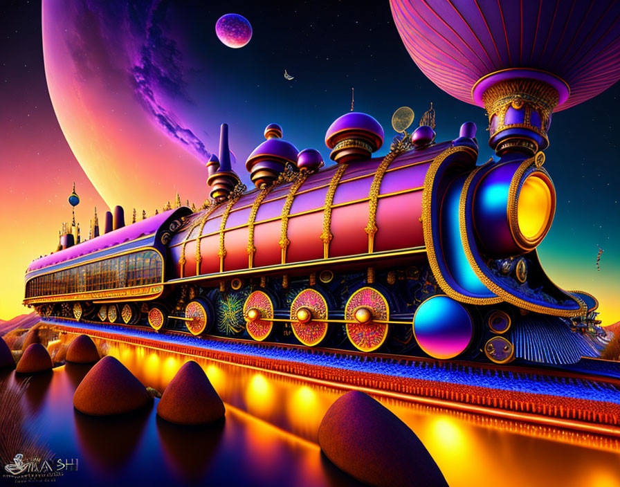 Futuristic train with circular designs under twilight sky