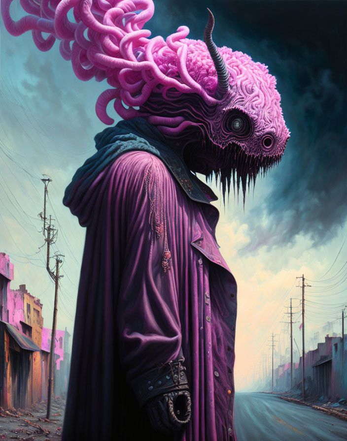 Pink tentacled creature in purple trench coat on urban street