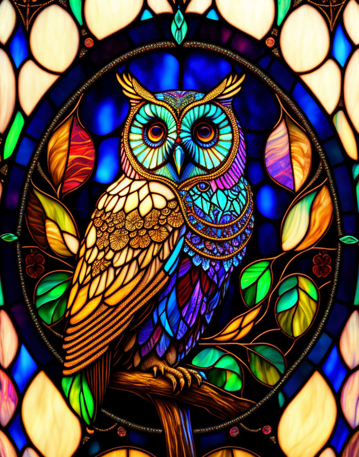 Colorful Stained Glass Style Owl on Branch in Circular Frame