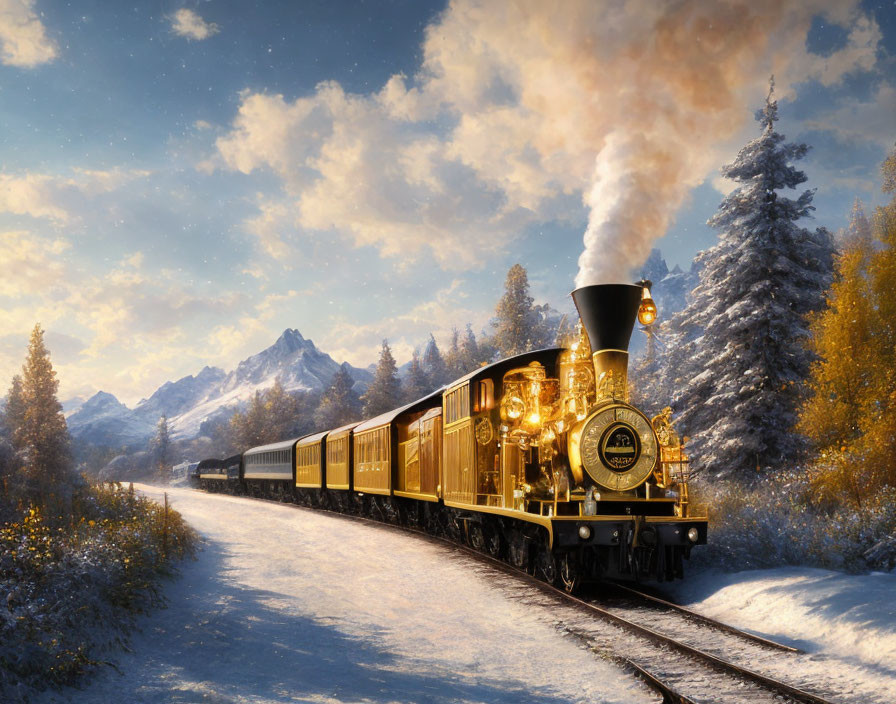 Vintage steam train in snowy landscape with pine trees and mountains at golden hour
