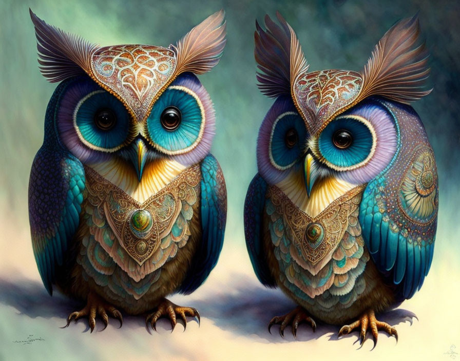 Colorful Stylized Owls with Detailed Feathers and Expressive Eyes