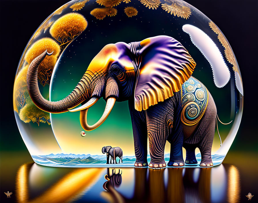 Digital artwork: Elephant in ornate sphere reflecting nature