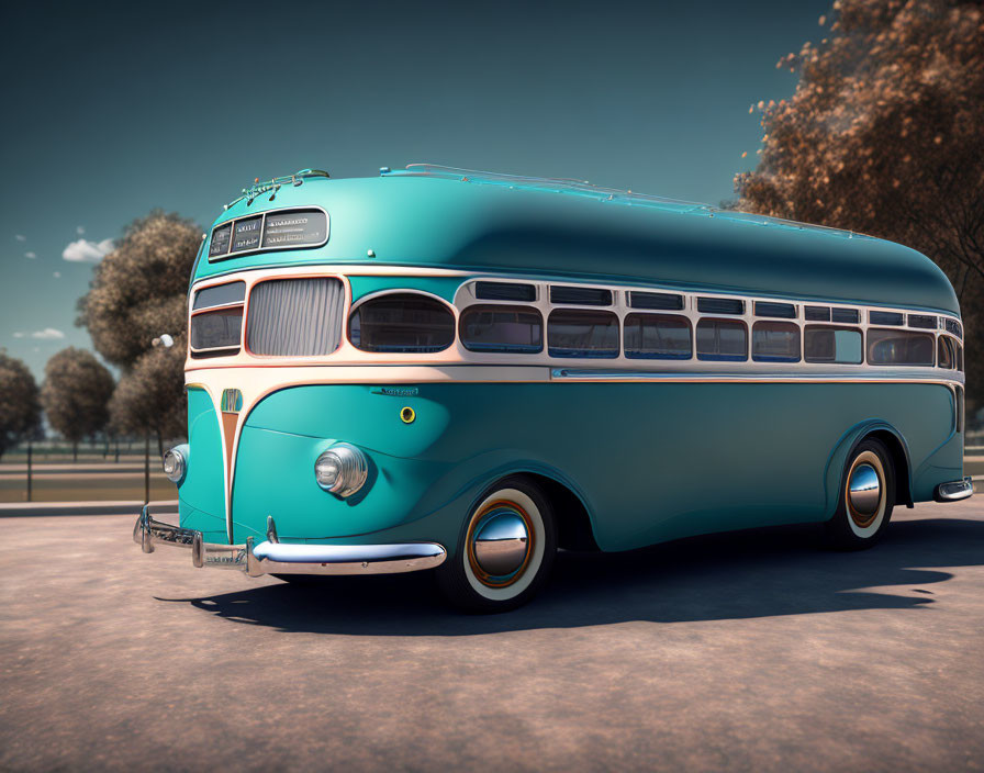 Classic Turquoise and White Bus Parked on Road with Trees and Clear Sky