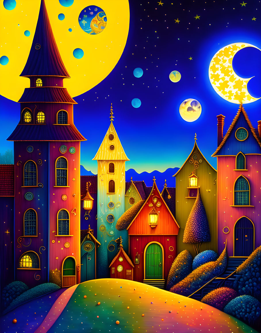 Colorful Cartoon-Style Houses Under Starry Night Sky